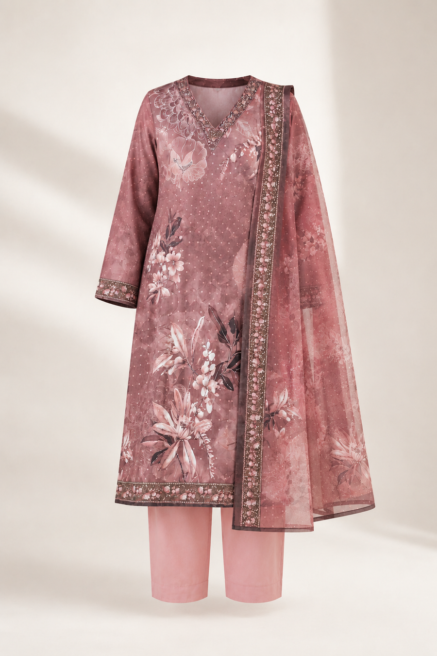 Dusty Rose Floral Printed Muslin Kurta Pant Dupatta Set for Women | Embroidered Ethnic Suit Set | Stylish Festive & Party Wear