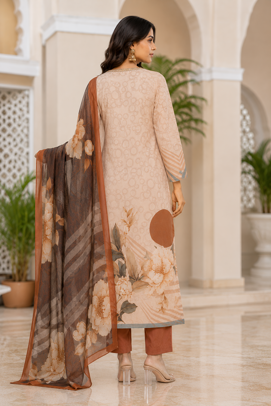 Beige Floral Printed Kurta Pant Dupatta Set with Embroidered V-Neck
