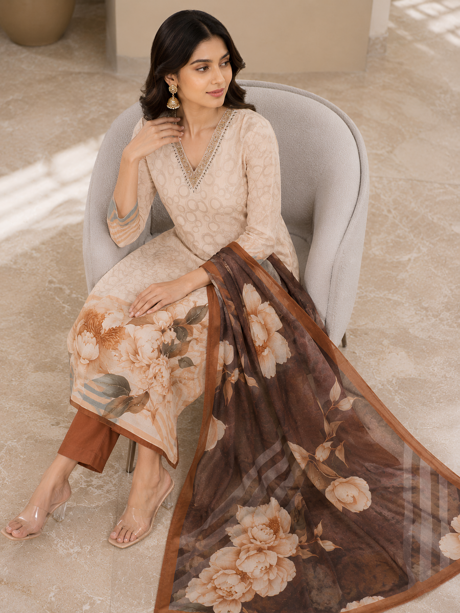 Beige Floral Printed Kurta Pant Dupatta Set with Embroidered V-Neck