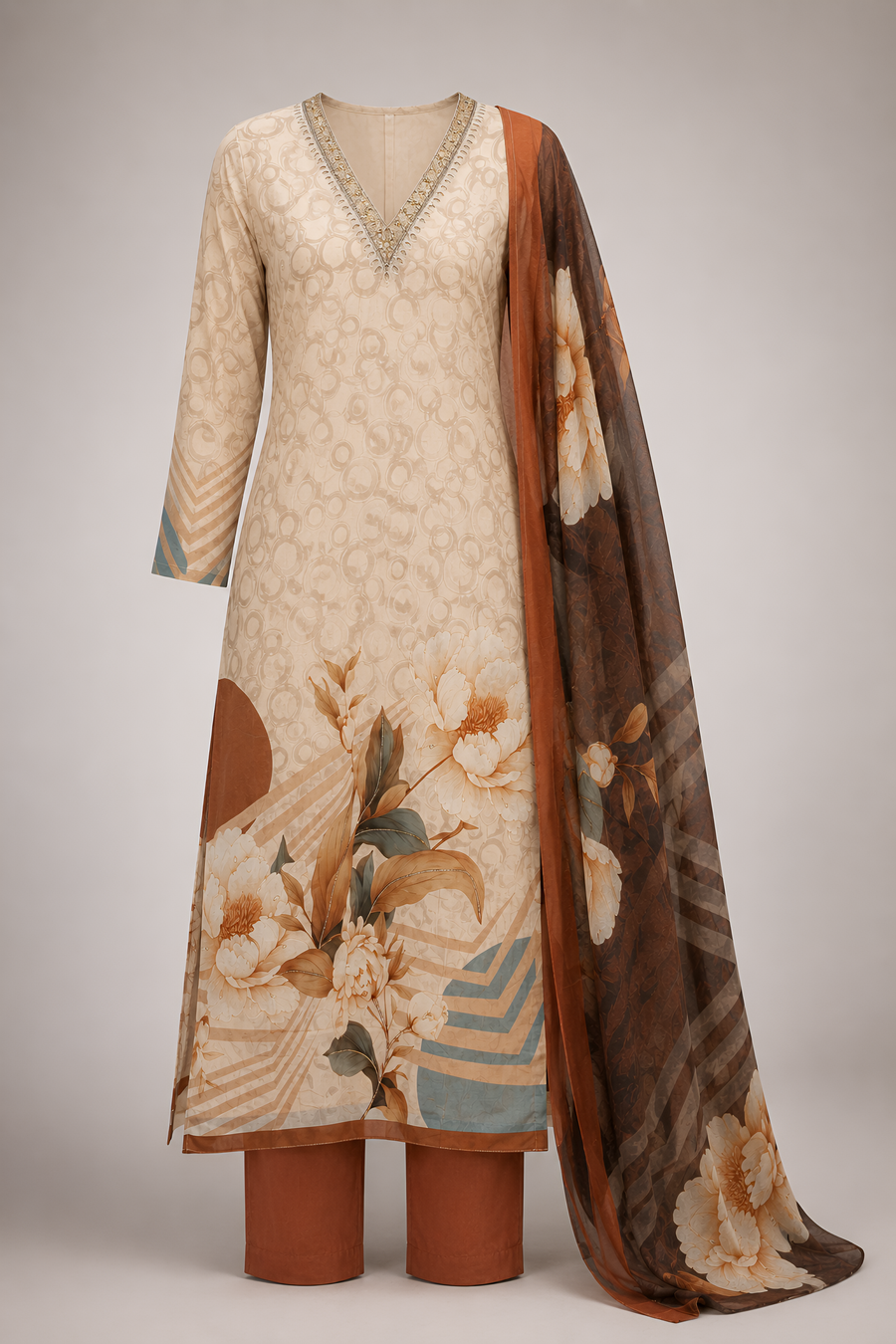 Beige Floral Printed Kurta Pant Dupatta Set with Embroidered V-Neck