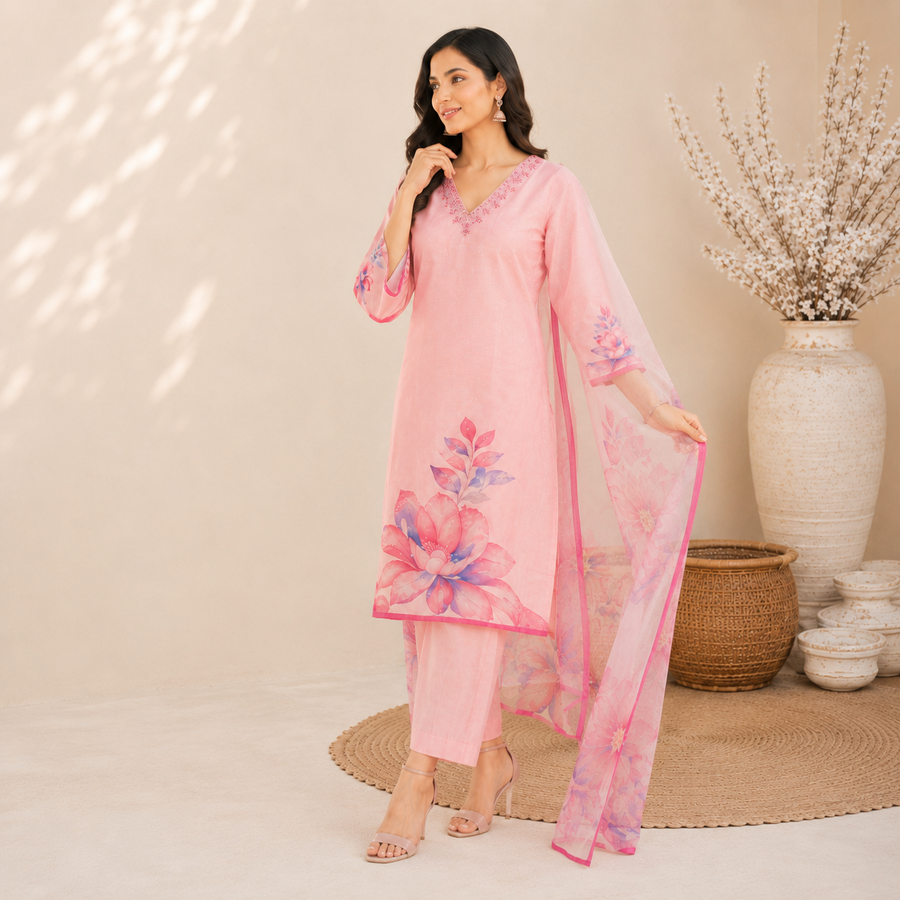 Designer Floral Embroidered Straight Kurti Set with Matching Dupatta & Pants