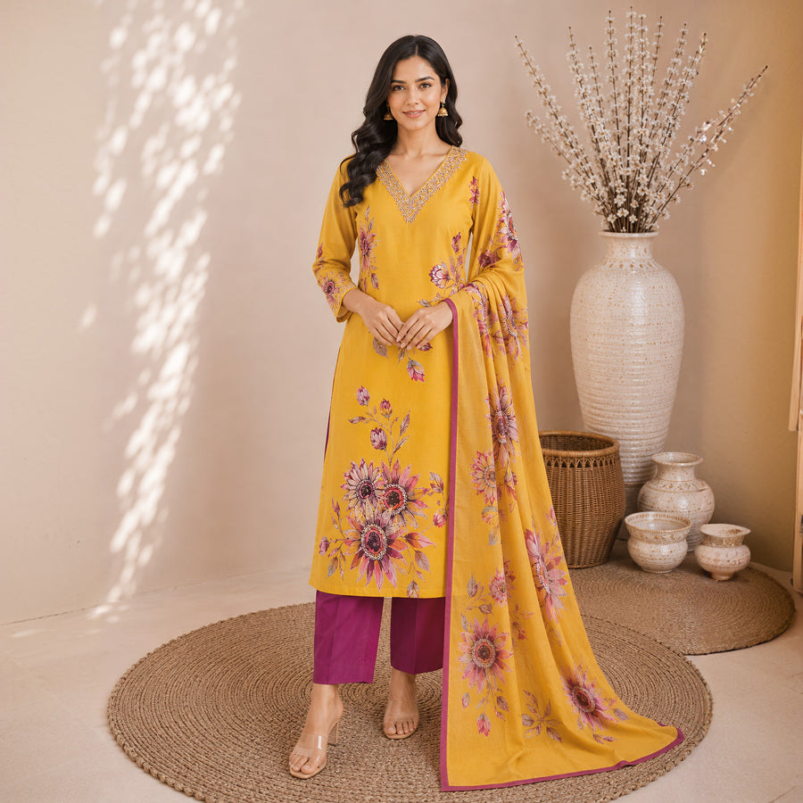 Mustard Yellow Floral Printed Kurta Pant Dupatta Set with Embroidered V-Neck