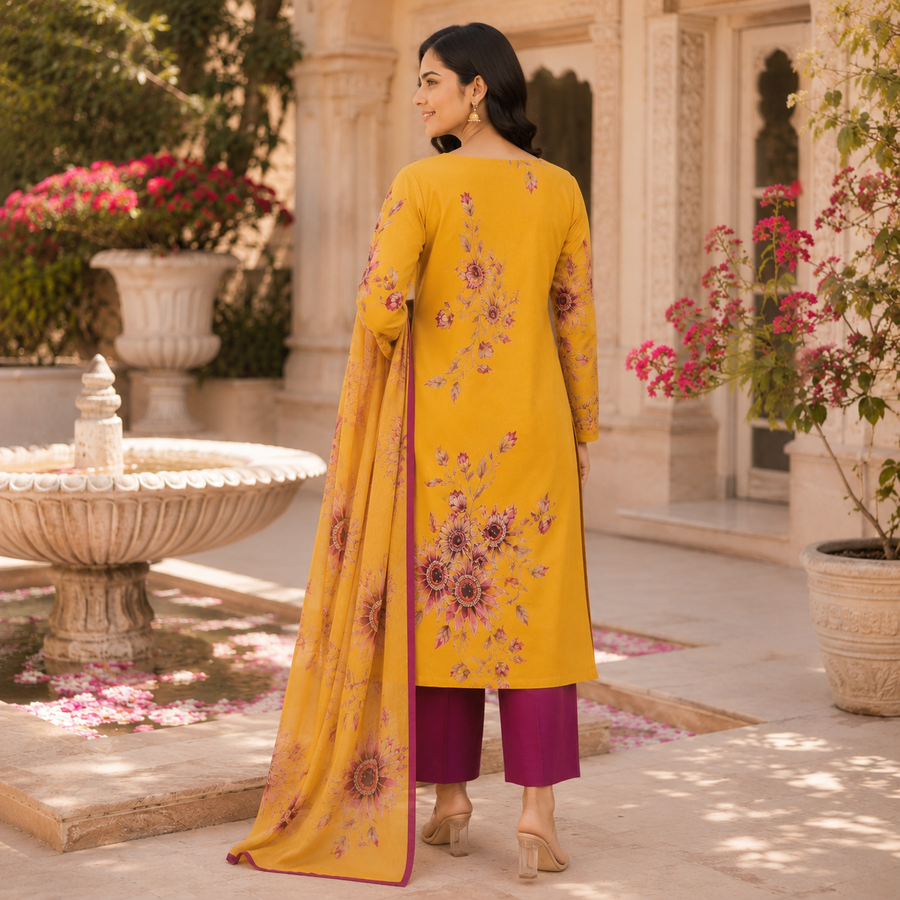 Mustard Yellow Floral Printed Kurta Pant Dupatta Set with Embroidered V-Neck