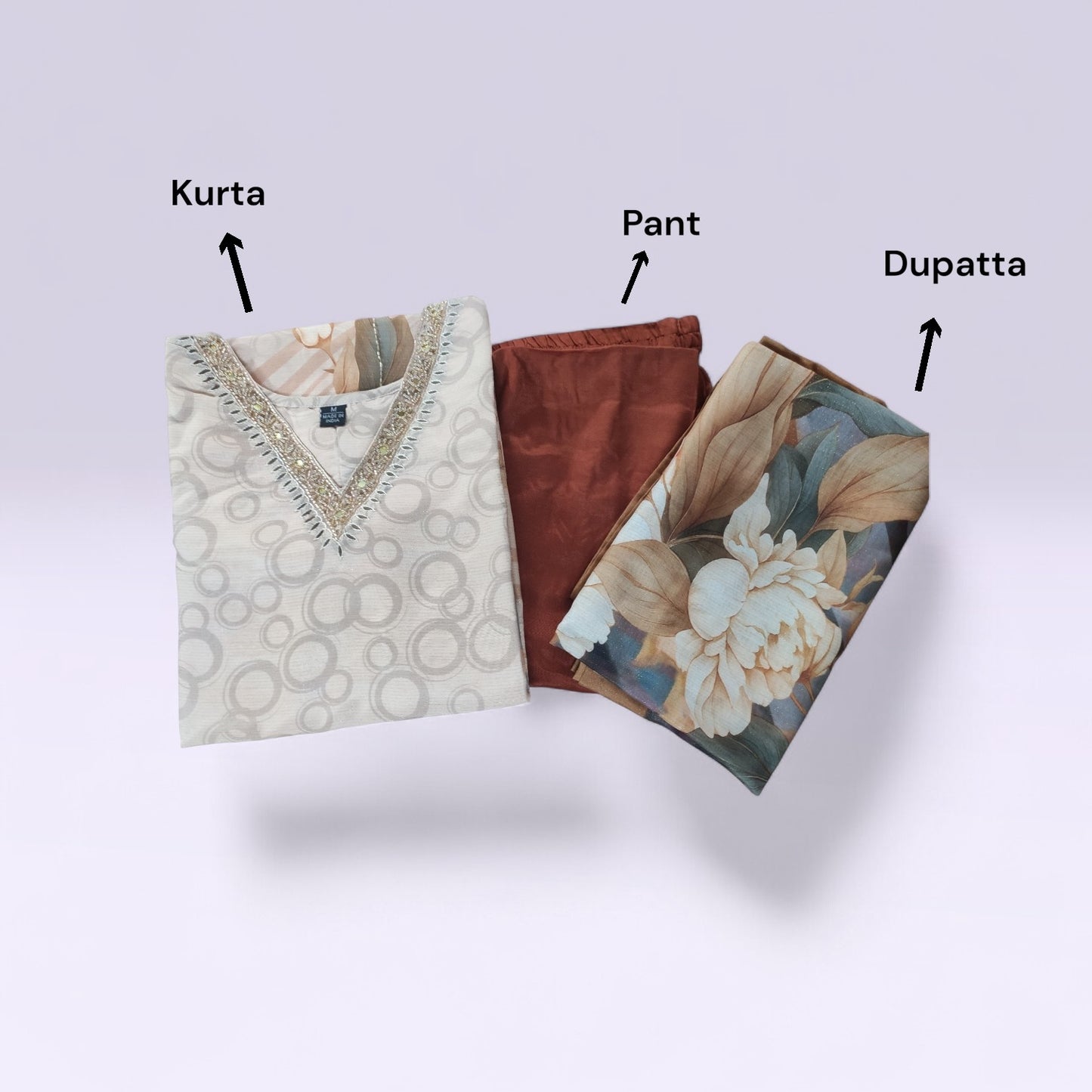 Beige Floral Printed Kurta Pant Dupatta Set with Embroidered V-Neck