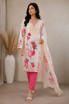 Cream Red Floral Printed Kurta Pant Dupatta Set with Embroidered V-Neck