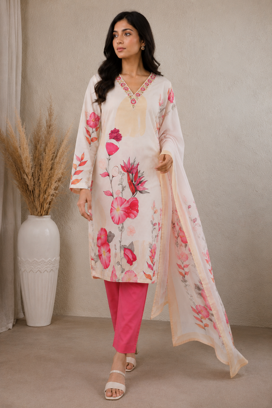 Cream Red Floral Printed Kurta Pant Dupatta Set with Embroidered V-Neck