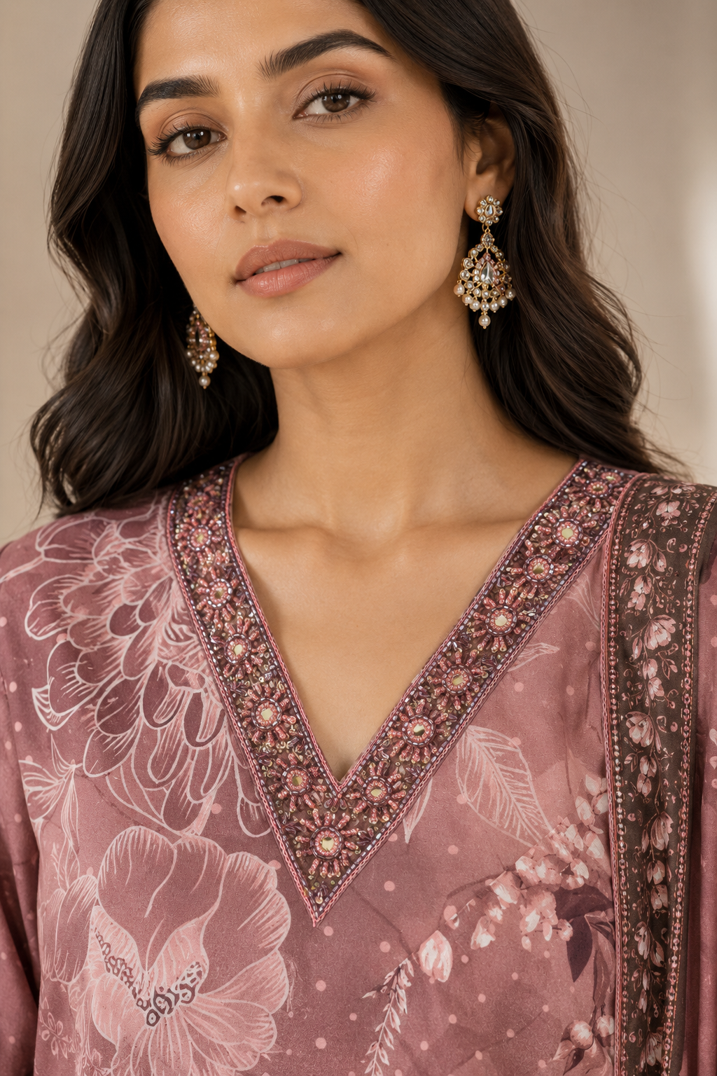 Dusty Rose Floral Printed Muslin Kurta Pant Dupatta Set for Women | Embroidered Ethnic Suit Set | Stylish Festive & Party Wear