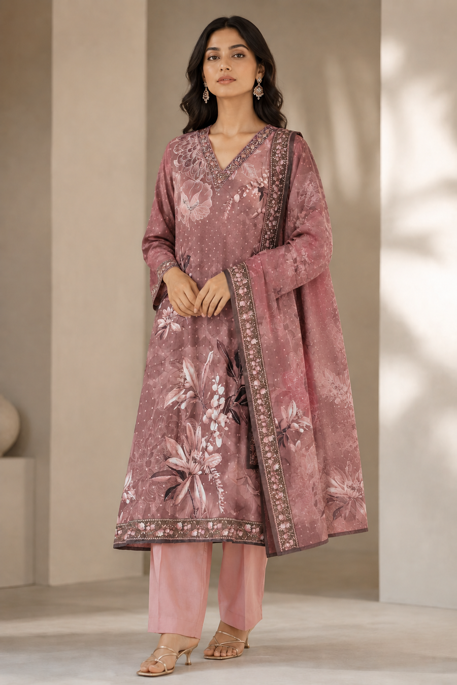 Dusty Rose Floral Printed Muslin Kurta Pant Dupatta Set for Women | Embroidered Ethnic Suit Set | Stylish Festive & Party Wear