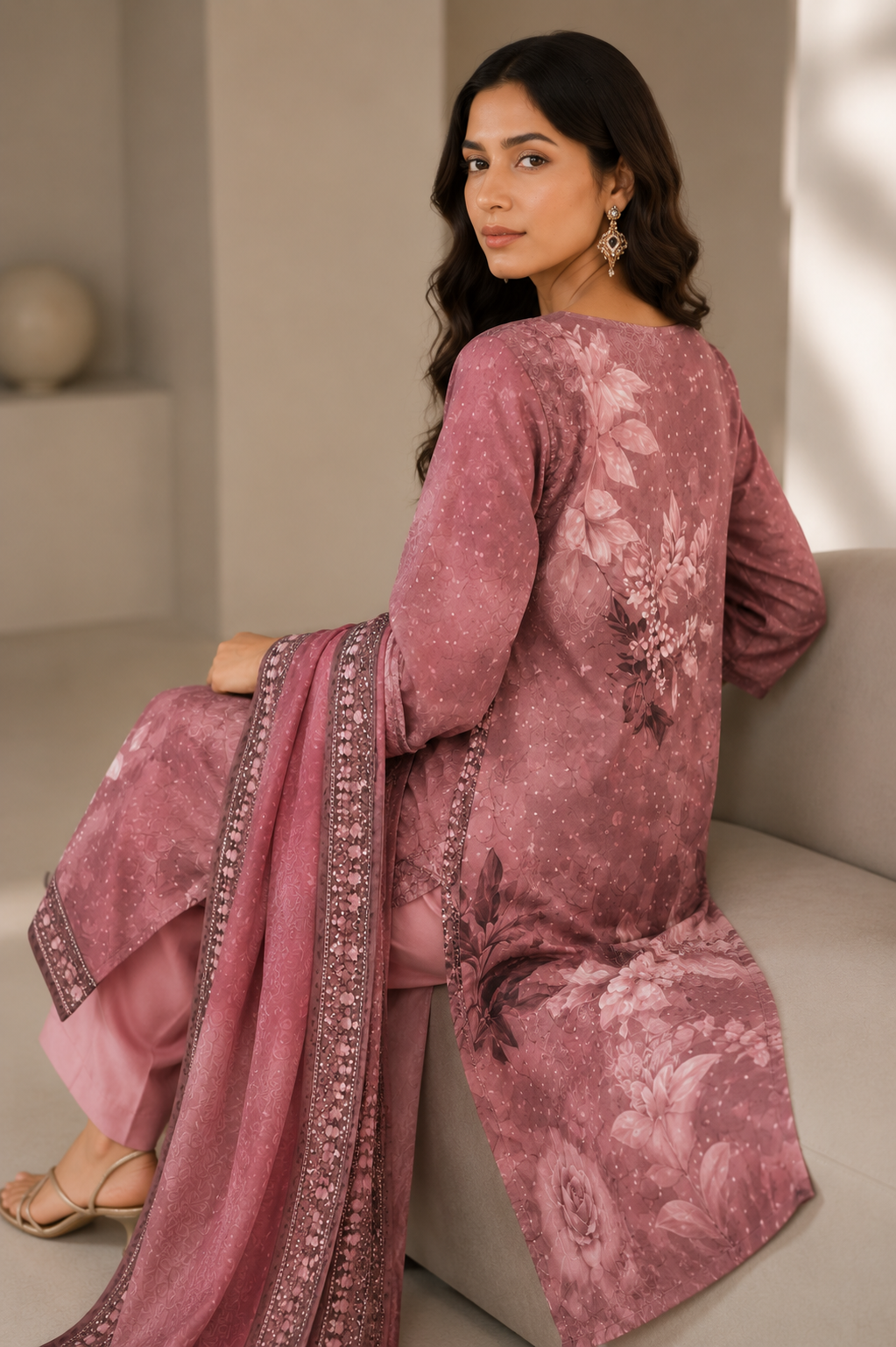 Dusty Rose Floral Printed Muslin Kurta Pant Dupatta Set for Women | Embroidered Ethnic Suit Set | Stylish Festive & Party Wear