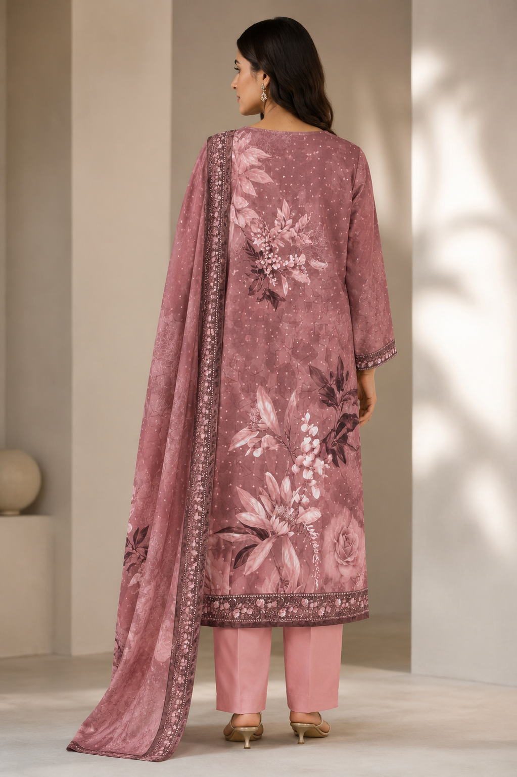 Dusty Rose Floral Printed Muslin Kurta Pant Dupatta Set for Women | Embroidered Ethnic Suit Set | Stylish Festive & Party Wear