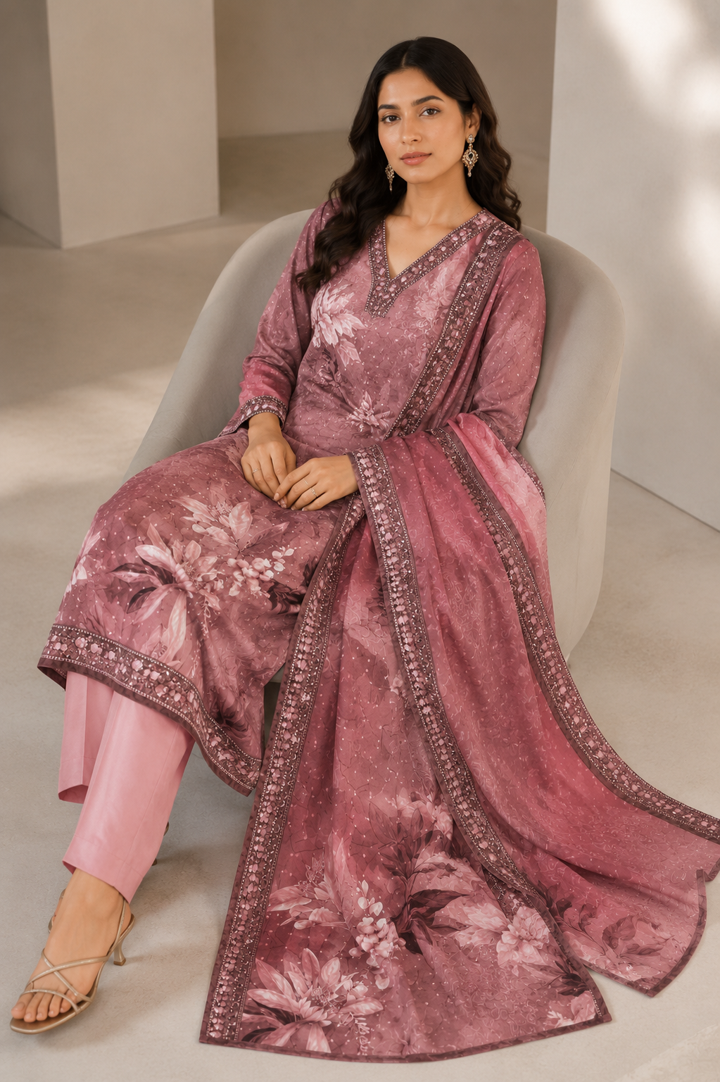 Dusty Rose Floral Printed Muslin Kurta Pant Dupatta Set for Women | Embroidered Ethnic Suit Set | Stylish Festive & Party Wear
