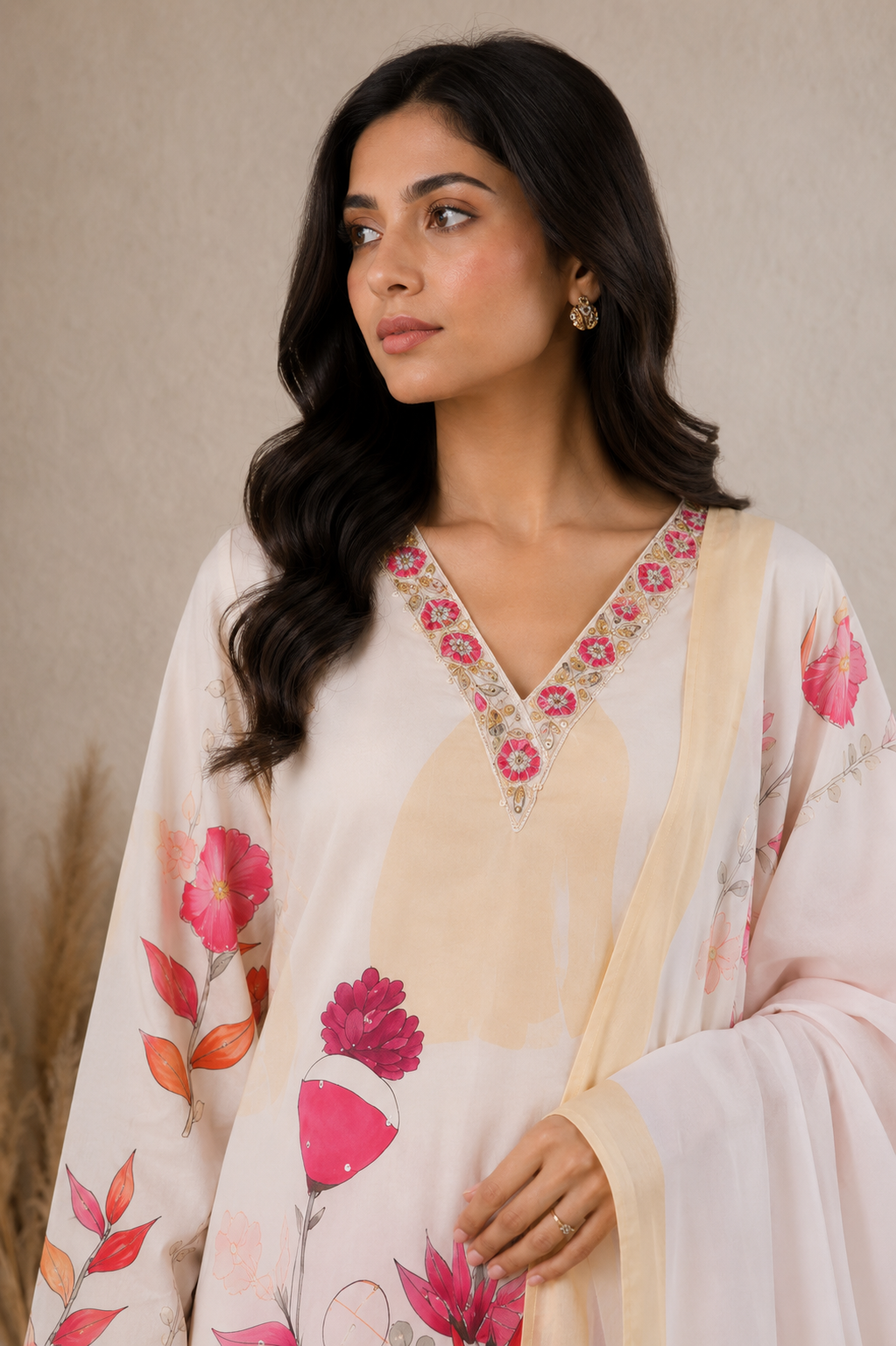 Cream Red Floral Printed Kurta Pant Dupatta Set with Embroidered V-Neck