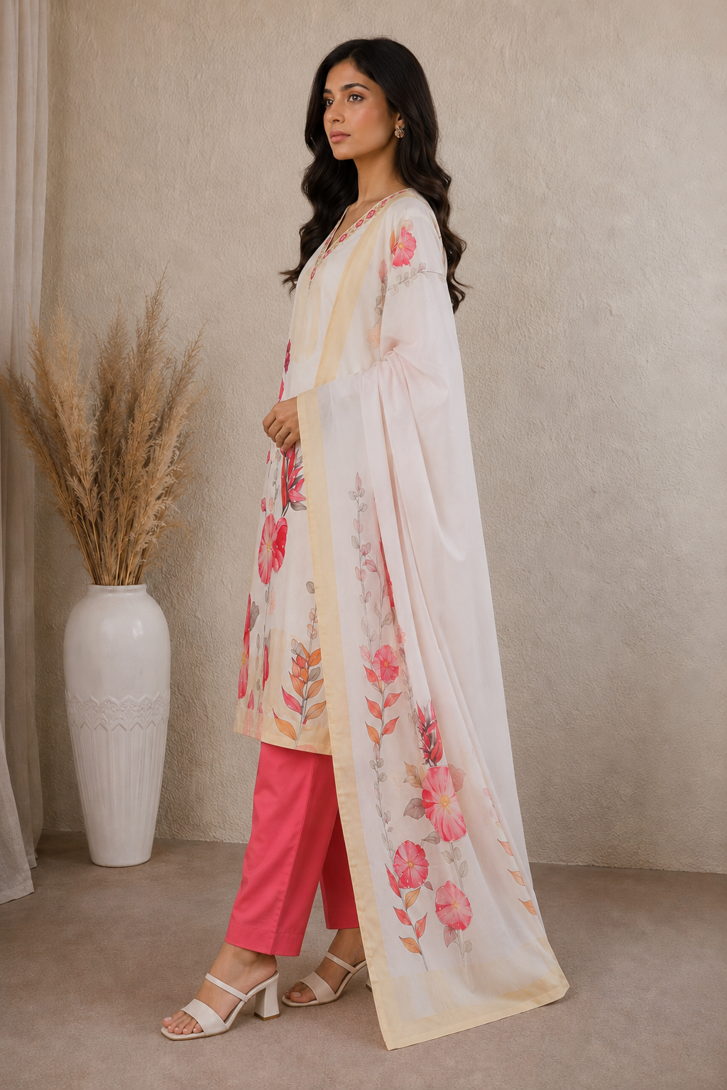 Cream Red Floral Printed Kurta Pant Dupatta Set with Embroidered V-Neck