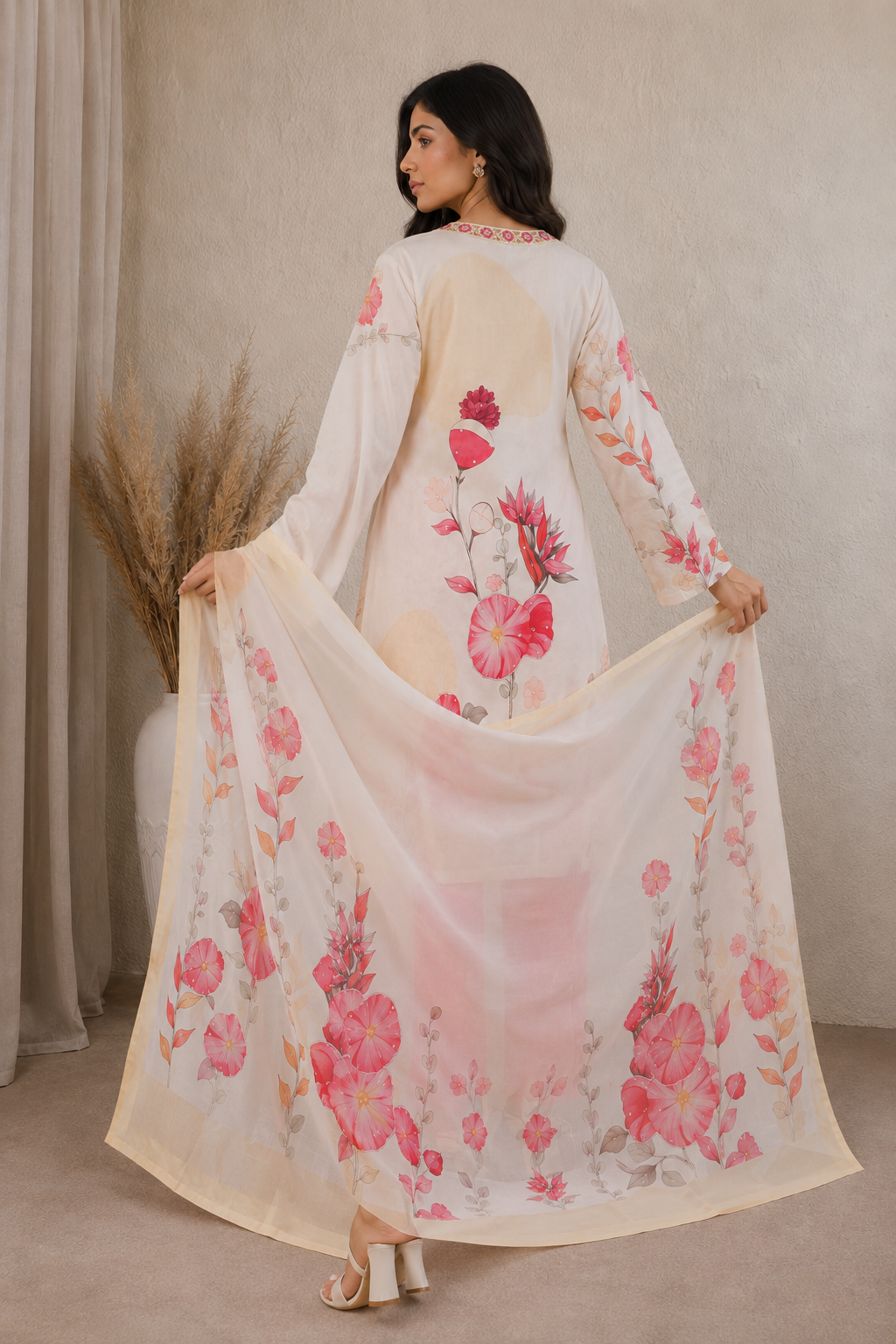 Cream Red Floral Printed Kurta Pant Dupatta Set with Embroidered V-Neck