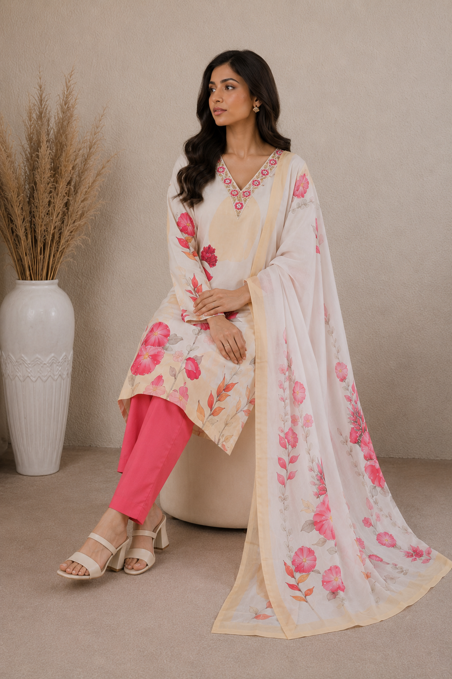 Cream Red Floral Printed Kurta Pant Dupatta Set with Embroidered V-Neck