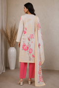 Cream Red Floral Printed Kurta Pant Dupatta Set with Embroidered V-Neck