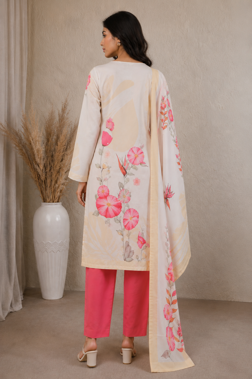 Cream Red Floral Printed Kurta Pant Dupatta Set with Embroidered V-Neck