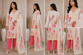 Cream Red Floral Printed Kurta Pant Dupatta Set with Embroidered V-Neck