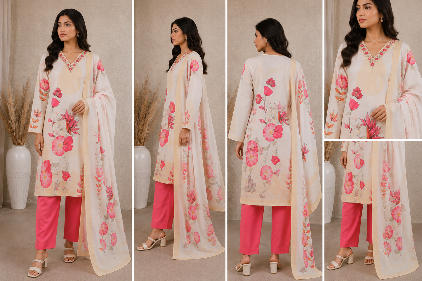 Cream Red Floral Printed Kurta Pant Dupatta Set with Embroidered V-Neck