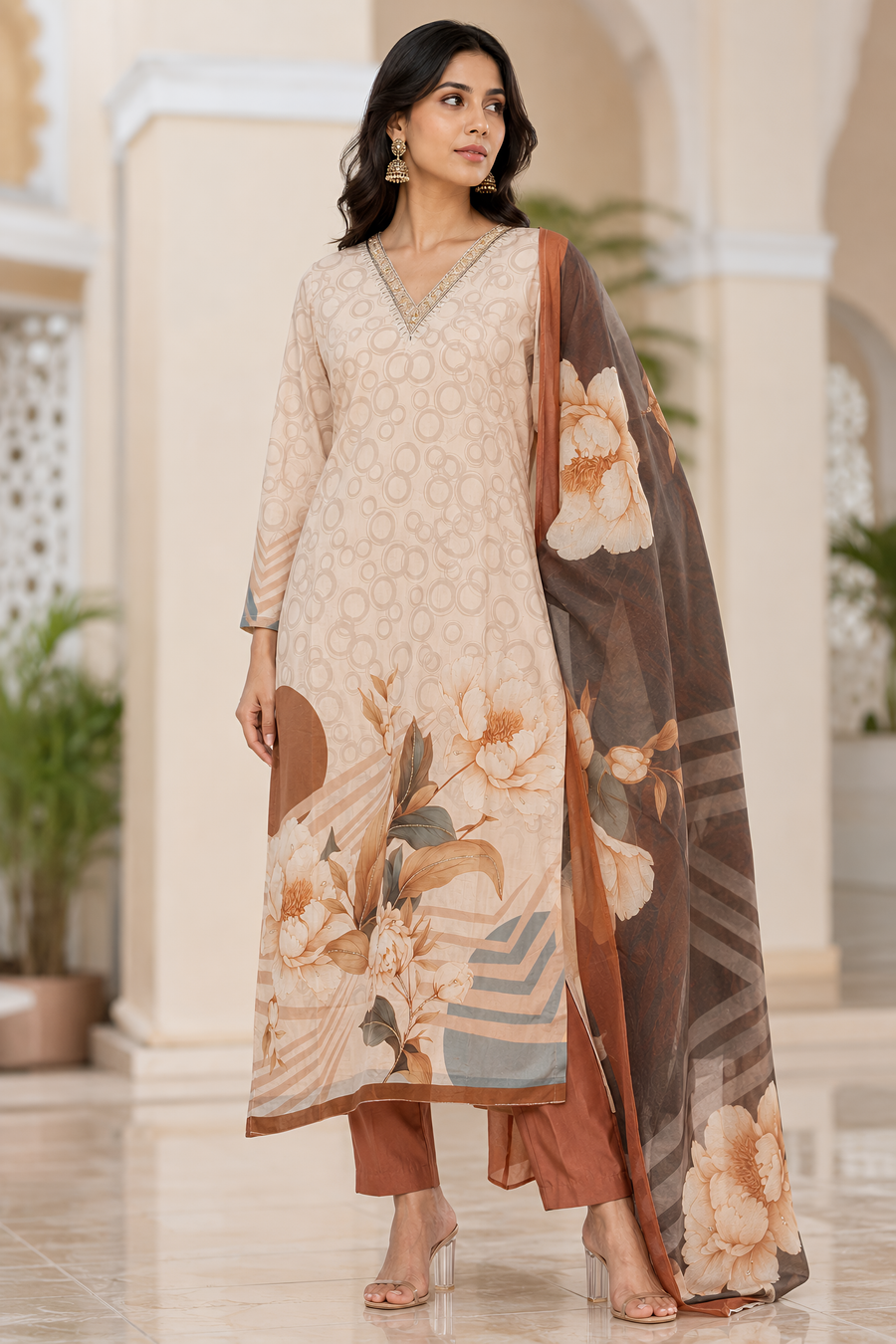 Beige Floral Printed Kurta Pant Dupatta Set with Embroidered V-Neck