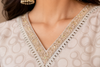 Beige Floral Printed Kurta Pant Dupatta Set with Embroidered V-Neck