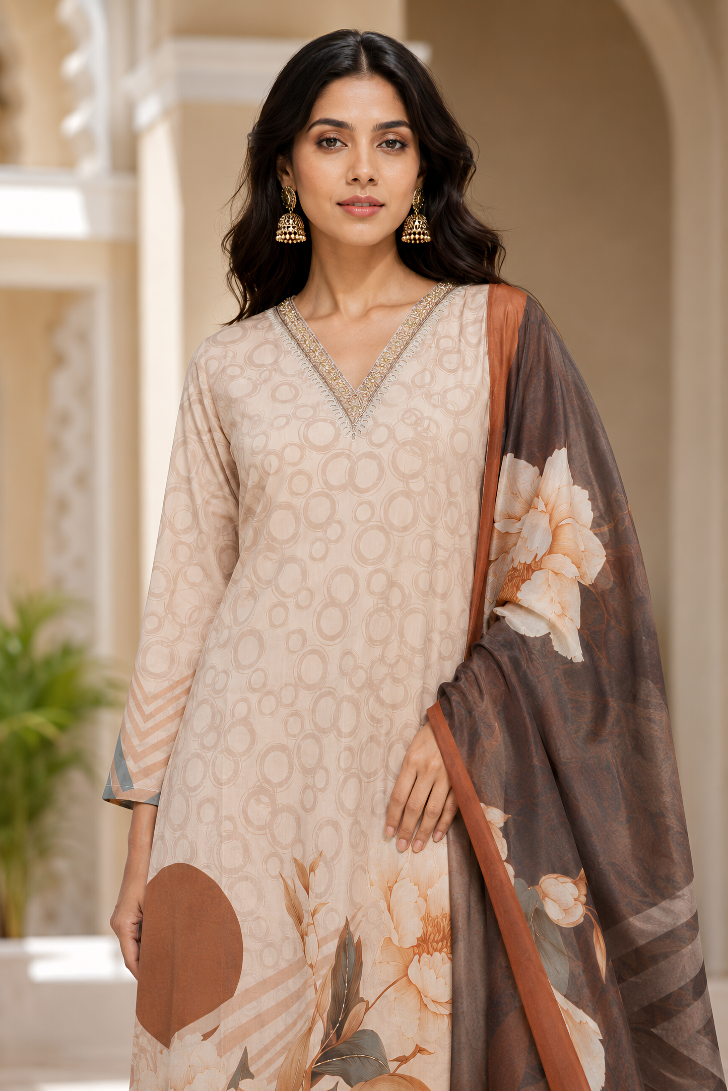 Beige Floral Printed Kurta Pant Dupatta Set with Embroidered V-Neck