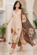 Beige Floral Printed Kurta Pant Dupatta Set with Embroidered V-Neck