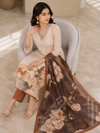 Beige Floral Printed Kurta Pant Dupatta Set with Embroidered V-Neck