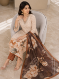 Beige Floral Printed Kurta Pant Dupatta Set with Embroidered V-Neck