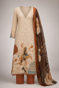 Beige Floral Printed Kurta Pant Dupatta Set with Embroidered V-Neck
