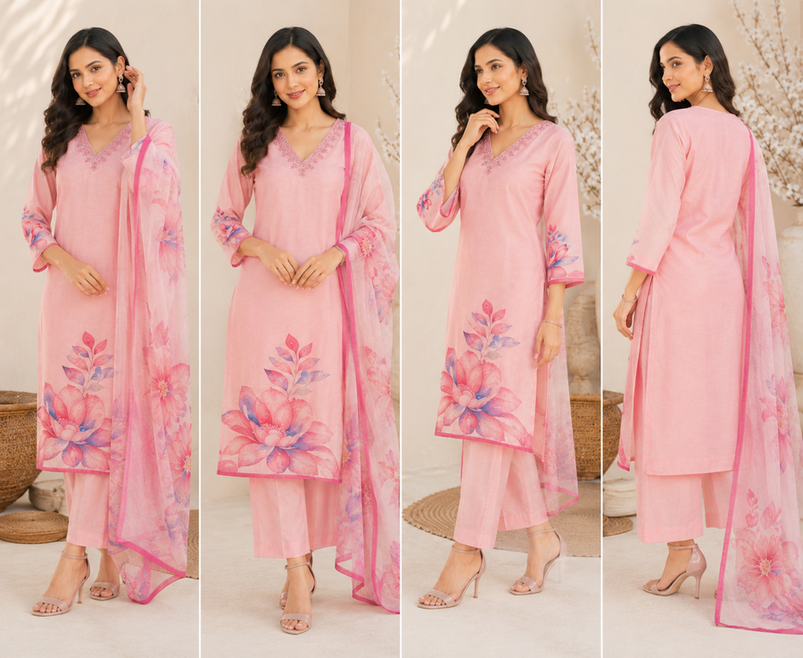 Designer Floral Embroidered Straight Kurti Set with Matching Dupatta & Pants