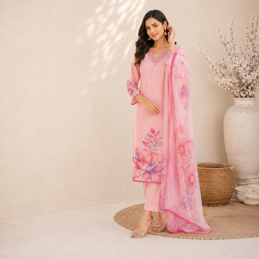 Designer Floral Embroidered Straight Kurti Set with Matching Dupatta & Pants