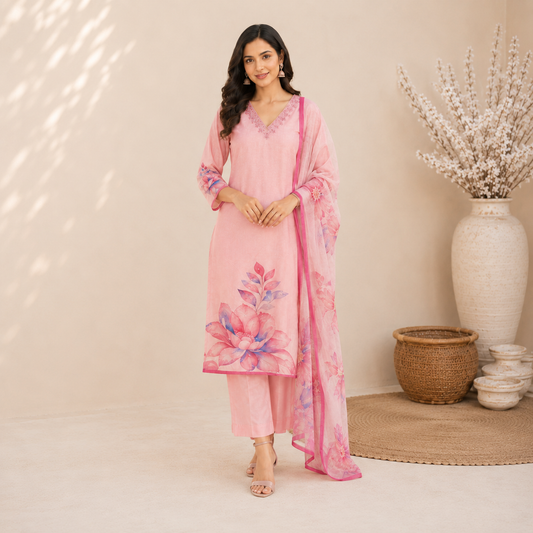 Designer Floral Embroidered Straight Kurti Set with Matching Dupatta & Pants