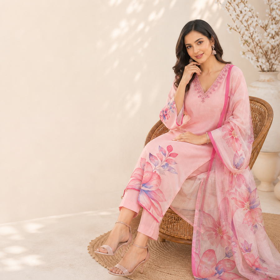 Designer Floral Embroidered Straight Kurti Set with Matching Dupatta & Pants