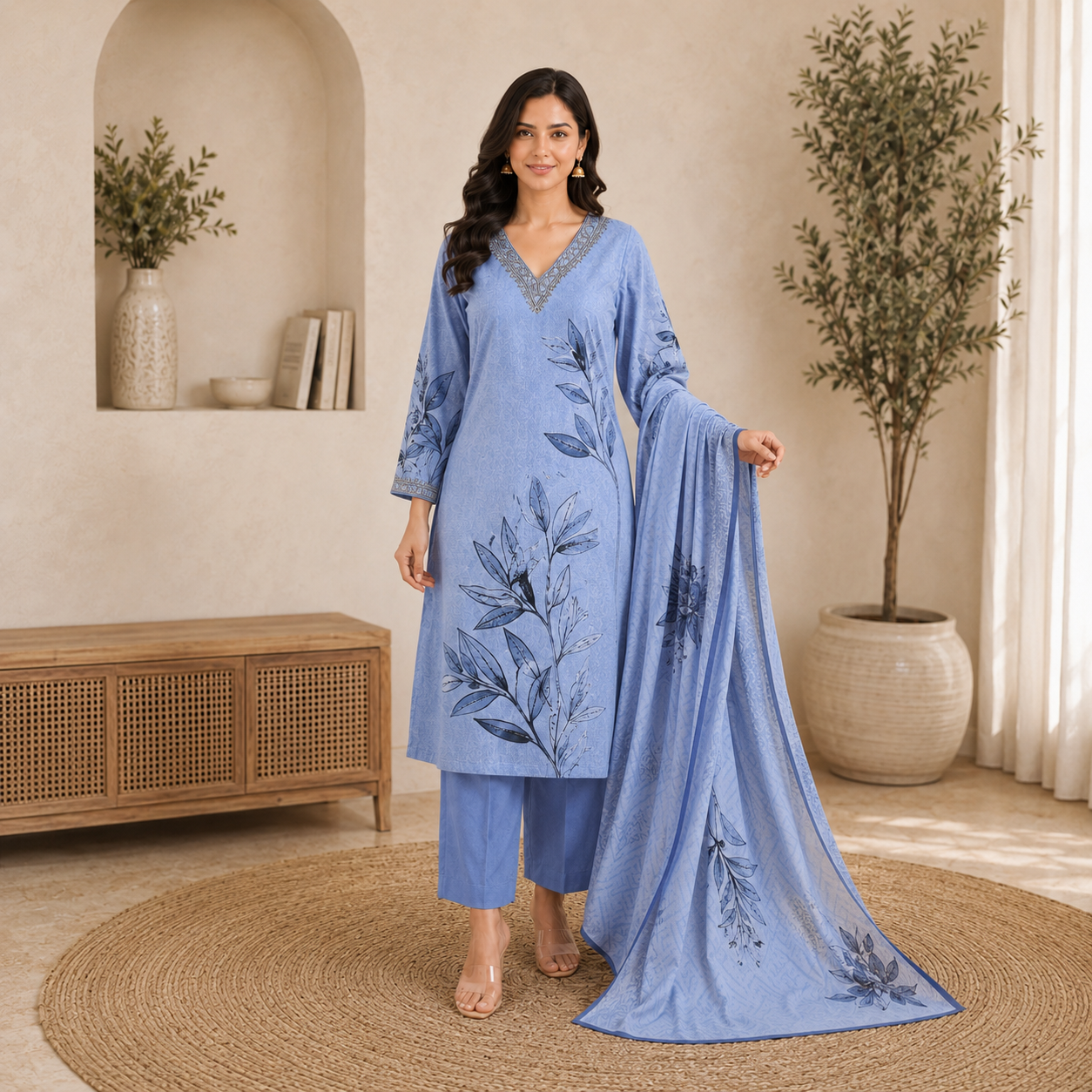 Woman in a blue embroidered outfit standing in a room with decorative plants and furniture.