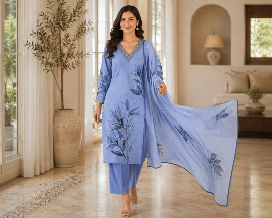 Sky Blue Floral Printed Kurta Pant Dupatta Set with Embroidered V-Neck