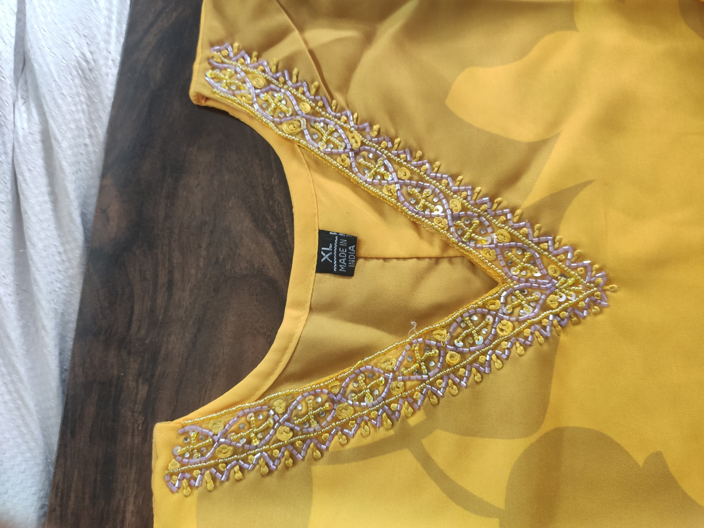Mustard Yellow Floral Printed Kurta Pant Dupatta Set with Embroidered V-Neck