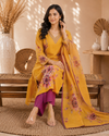Mustard Yellow Floral Printed Kurta Pant Dupatta Set with Embroidered V-Neck