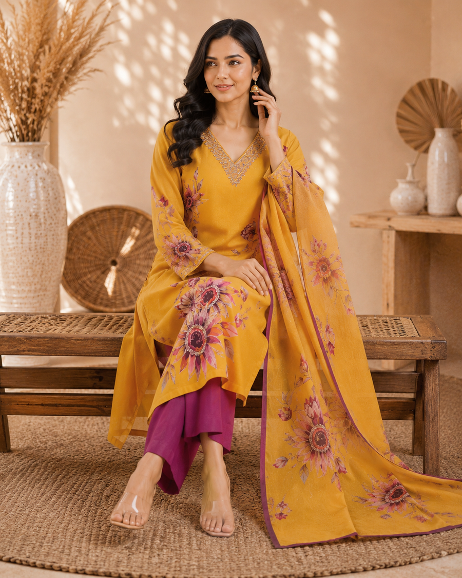 Mustard Yellow Floral Printed Kurta Pant Dupatta Set with Embroidered V-Neck