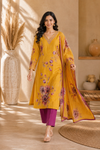 Mustard Yellow Floral Printed Kurta Pant Dupatta Set with Embroidered V-Neck
