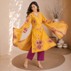 Mustard Yellow Floral Printed Kurta Pant Dupatta Set with Embroidered V-Neck