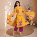 Mustard Yellow Floral Printed Kurta Pant Dupatta Set with Embroidered V-Neck
