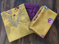 Mustard Yellow Floral Printed Kurta Pant Dupatta Set with Embroidered V-Neck