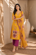Mustard Yellow Floral Printed Kurta Pant Dupatta Set with Embroidered V-Neck