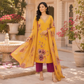 Mustard Yellow Floral Printed Kurta Pant Dupatta Set with Embroidered V-Neck