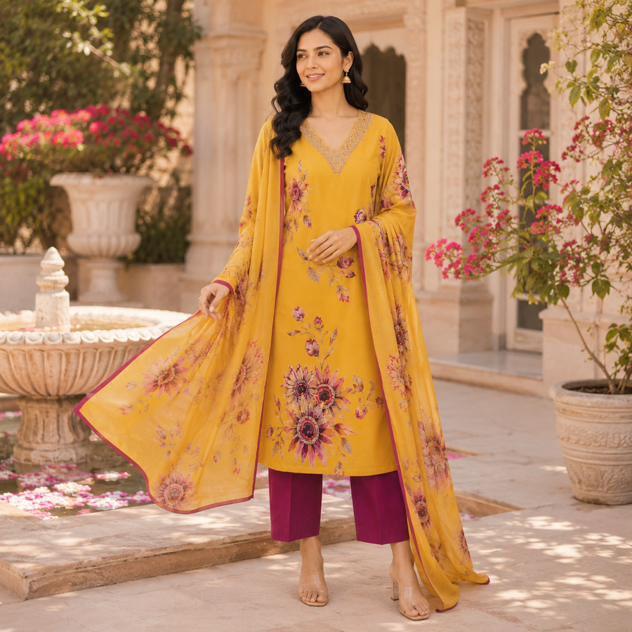 Mustard Yellow Floral Printed Kurta Pant Dupatta Set with Embroidered V-Neck
