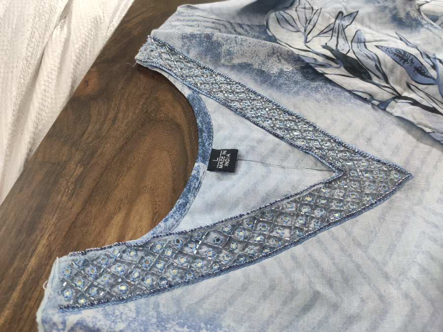 Sky Blue Floral Printed Kurta Pant Dupatta Set with Embroidered V-Neck