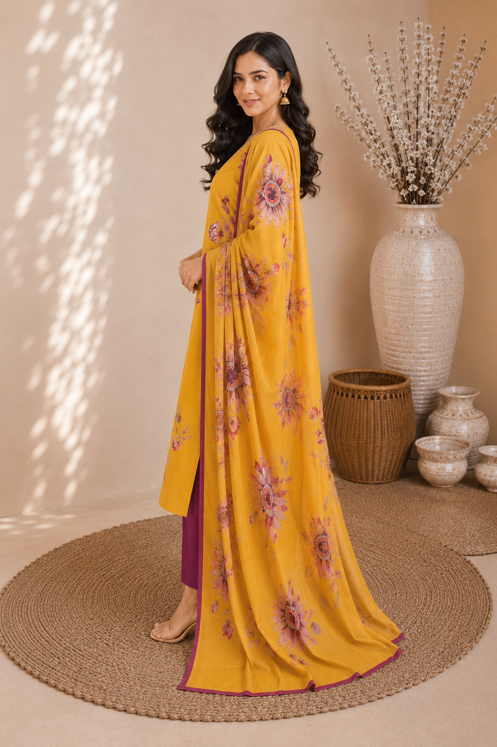 Mustard Yellow Floral Printed Kurta Pant Dupatta Set with Embroidered V-Neck