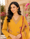 Mustard Yellow Floral Printed Kurta Pant Dupatta Set with Embroidered V-Neck