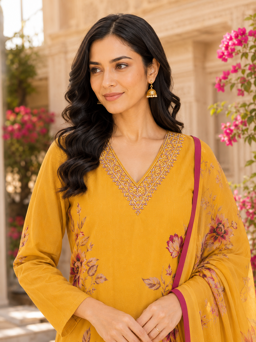 Mustard Yellow Floral Printed Kurta Pant Dupatta Set with Embroidered V-Neck